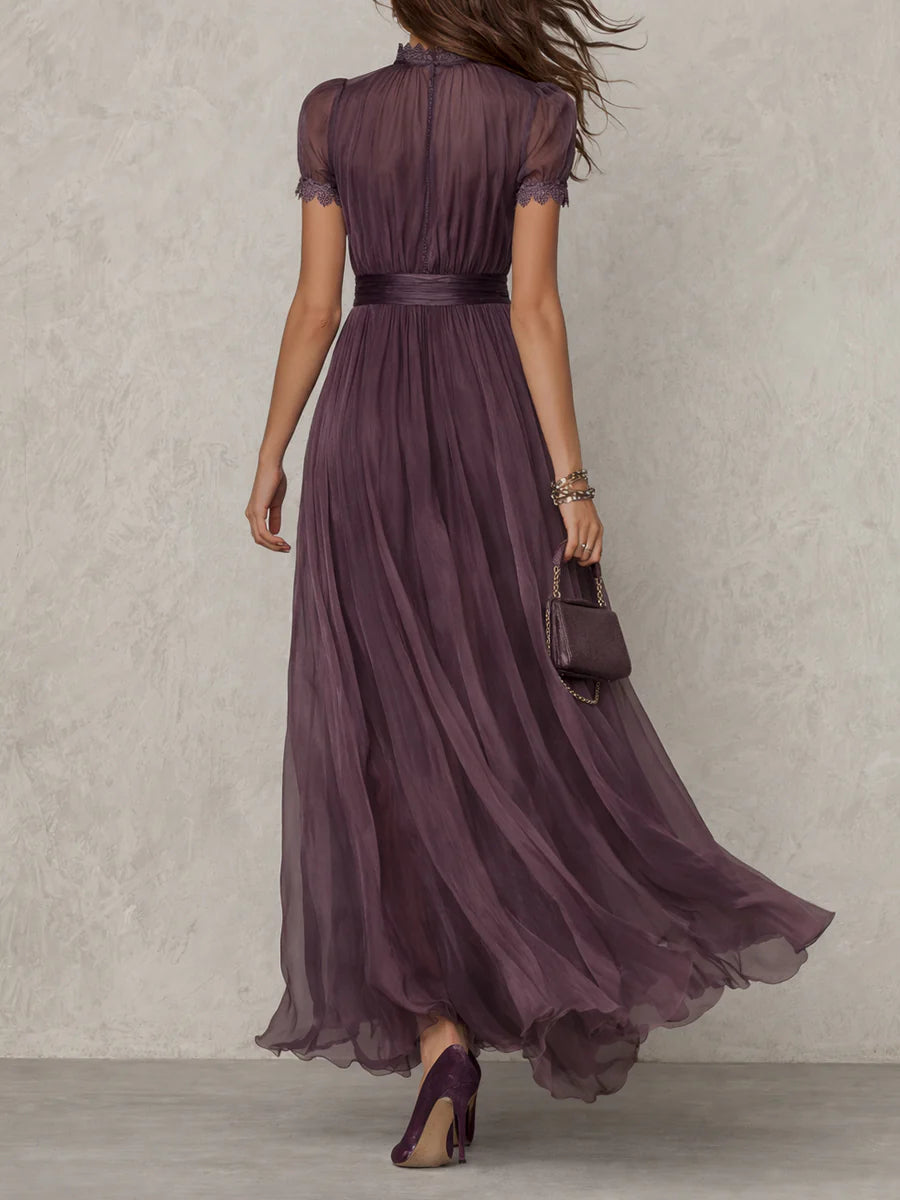 Vestito Midi Plissettato con Maniche a Sbuffo