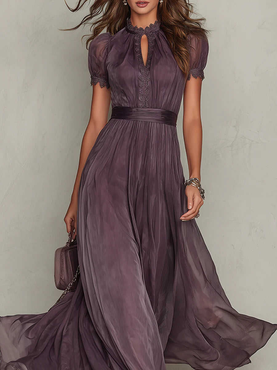 Vestito Midi Plissettato con Maniche a Sbuffo