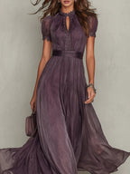 Vestito Midi Plissettato con Maniche a Sbuffo