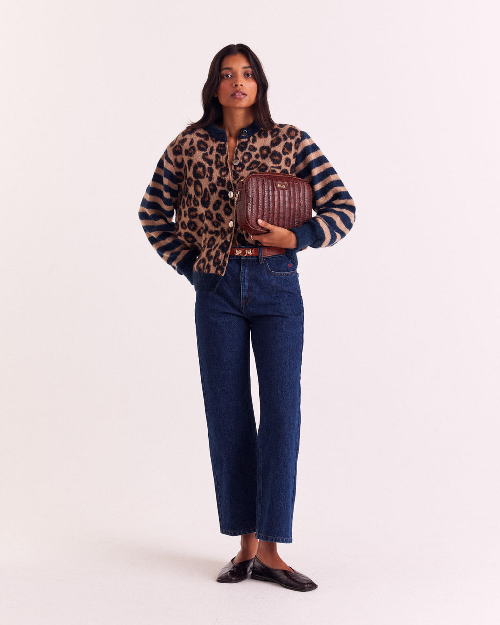 Cardigan Idole righe blu e leopardo