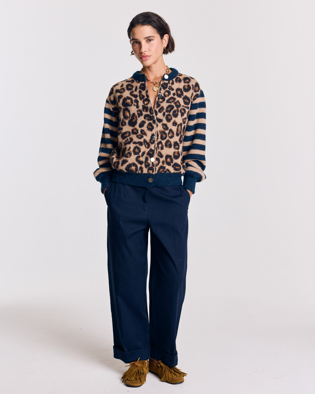 Cardigan Idole righe blu e leopardo