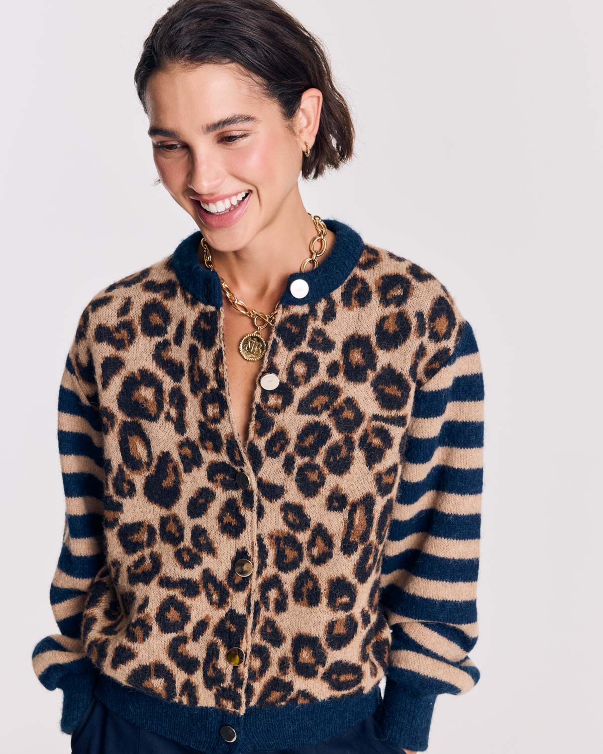 Cardigan Idole righe blu e leopardo