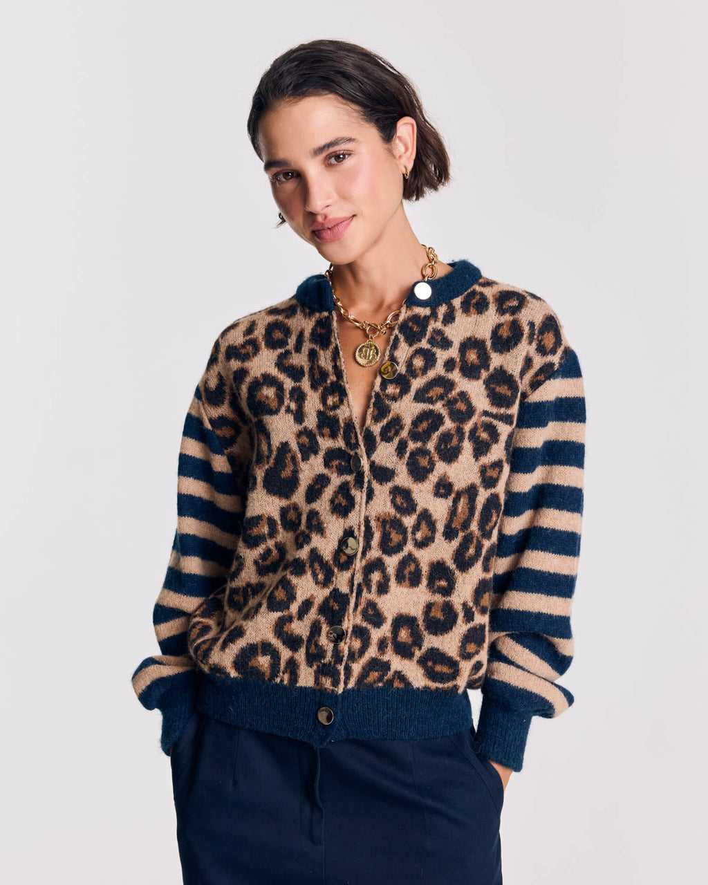 Cardigan Idole righe blu e leopardo