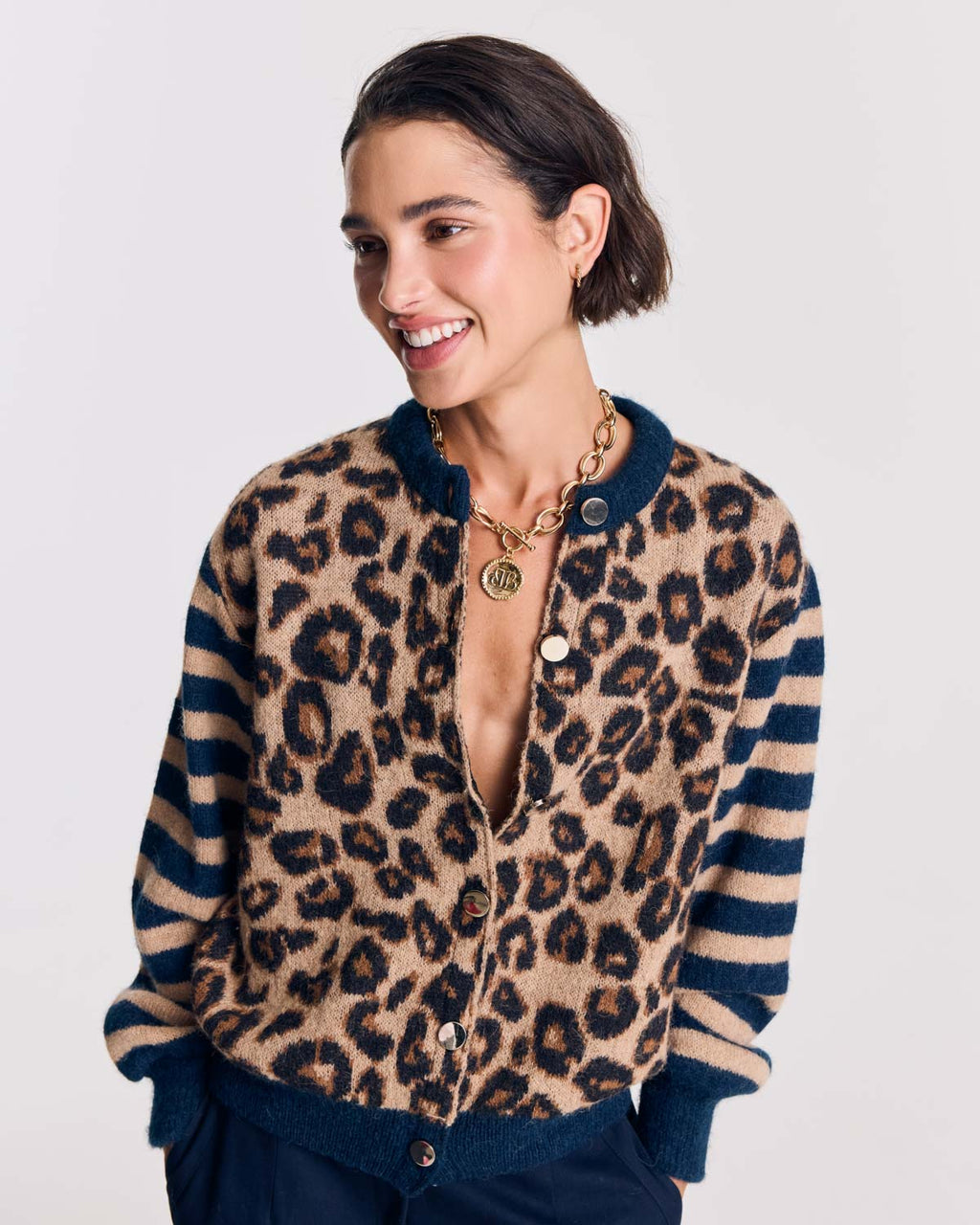 Cardigan Idole righe blu e leopardo