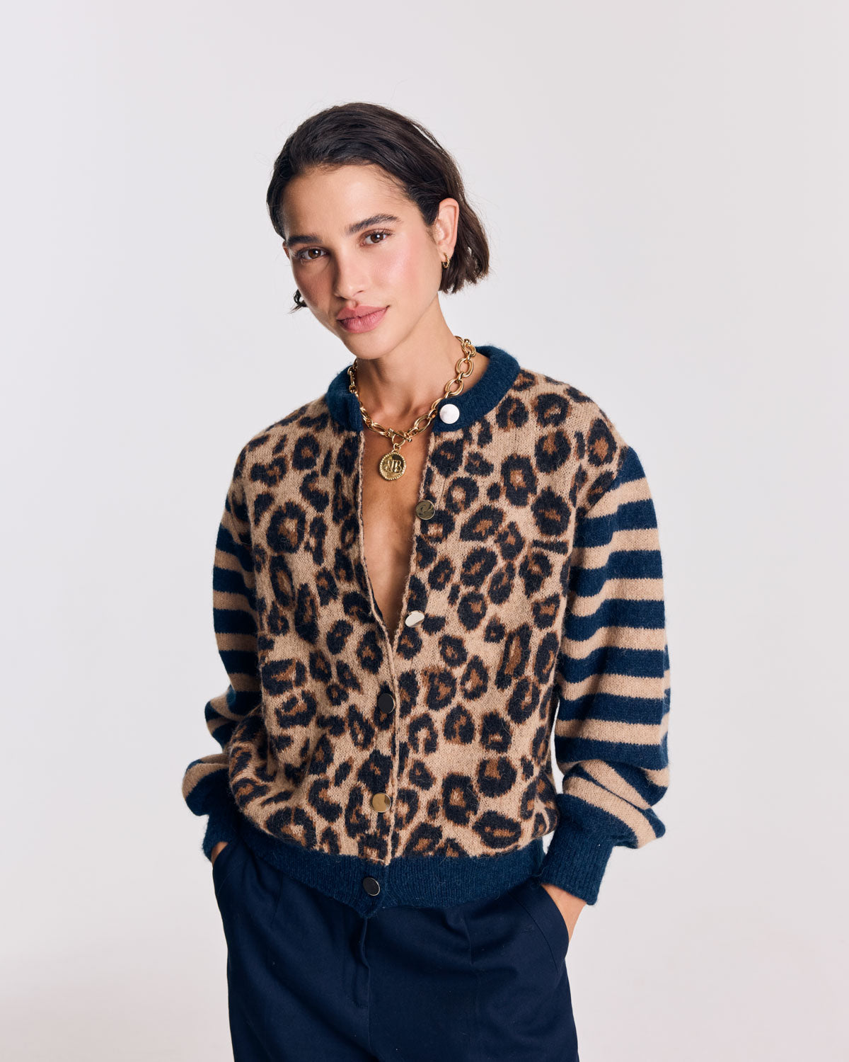 Cardigan Idole righe blu e leopardo