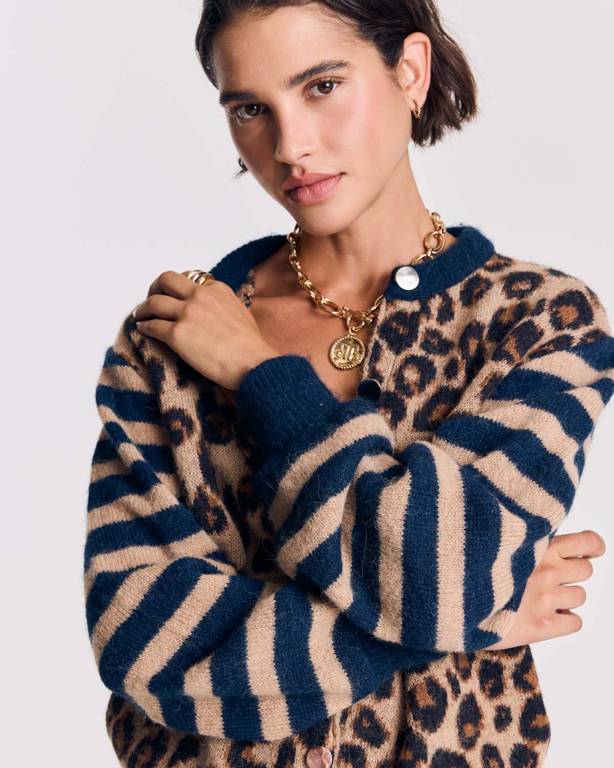 Cardigan Idole righe blu e leopardo