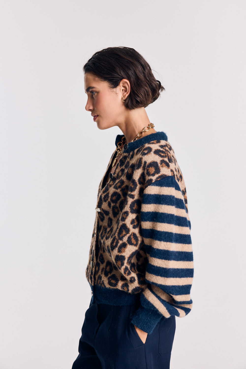 Cardigan Idole righe blu e leopardo