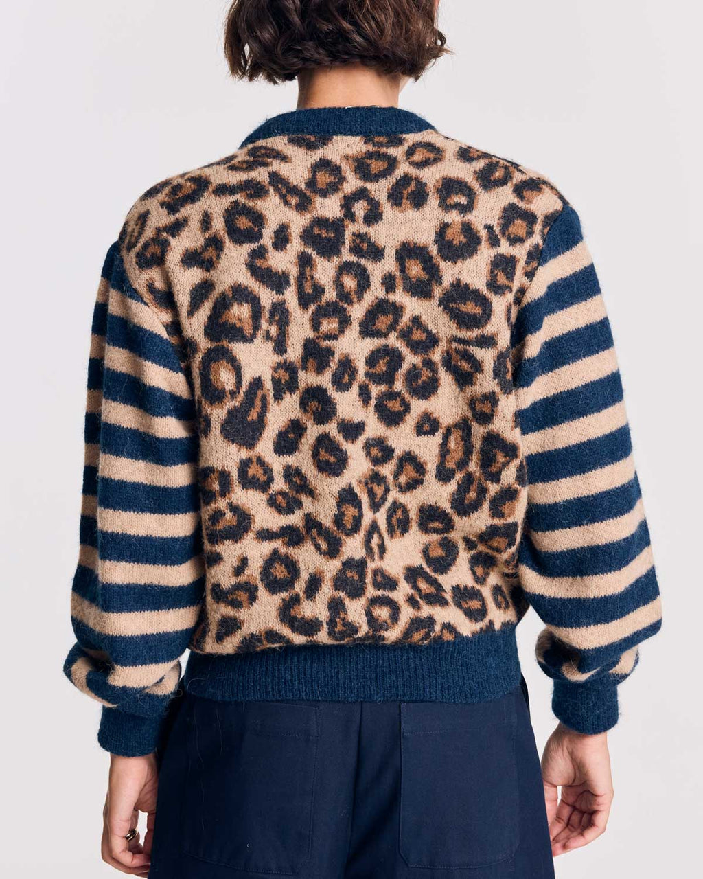 Cardigan Idole righe blu e leopardo