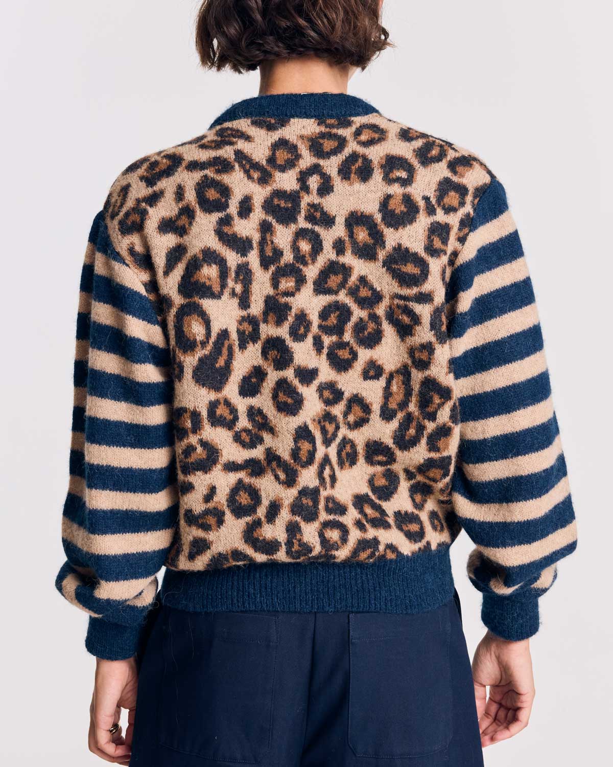 Cardigan Idole righe blu e leopardo