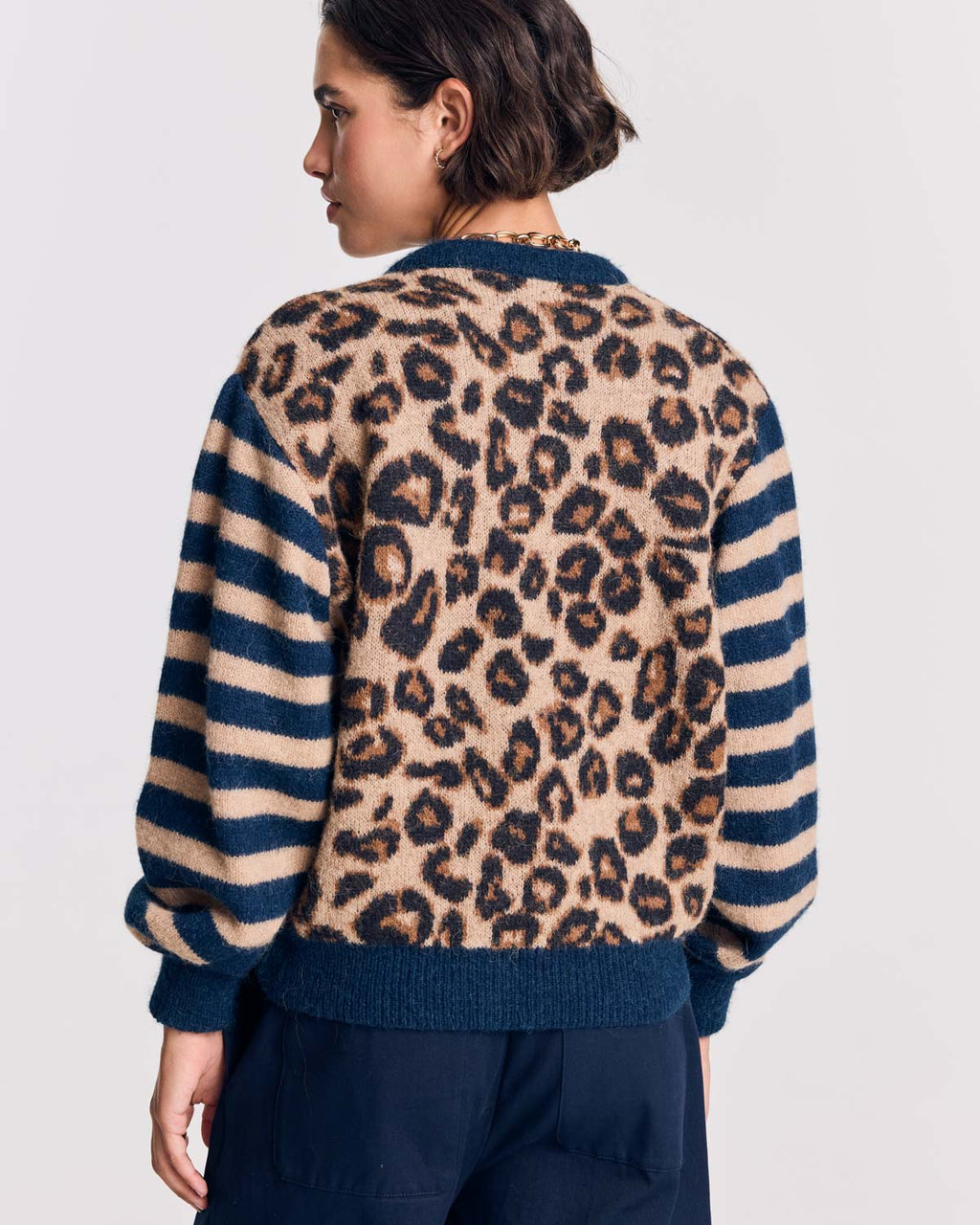 Cardigan Idole righe blu e leopardo