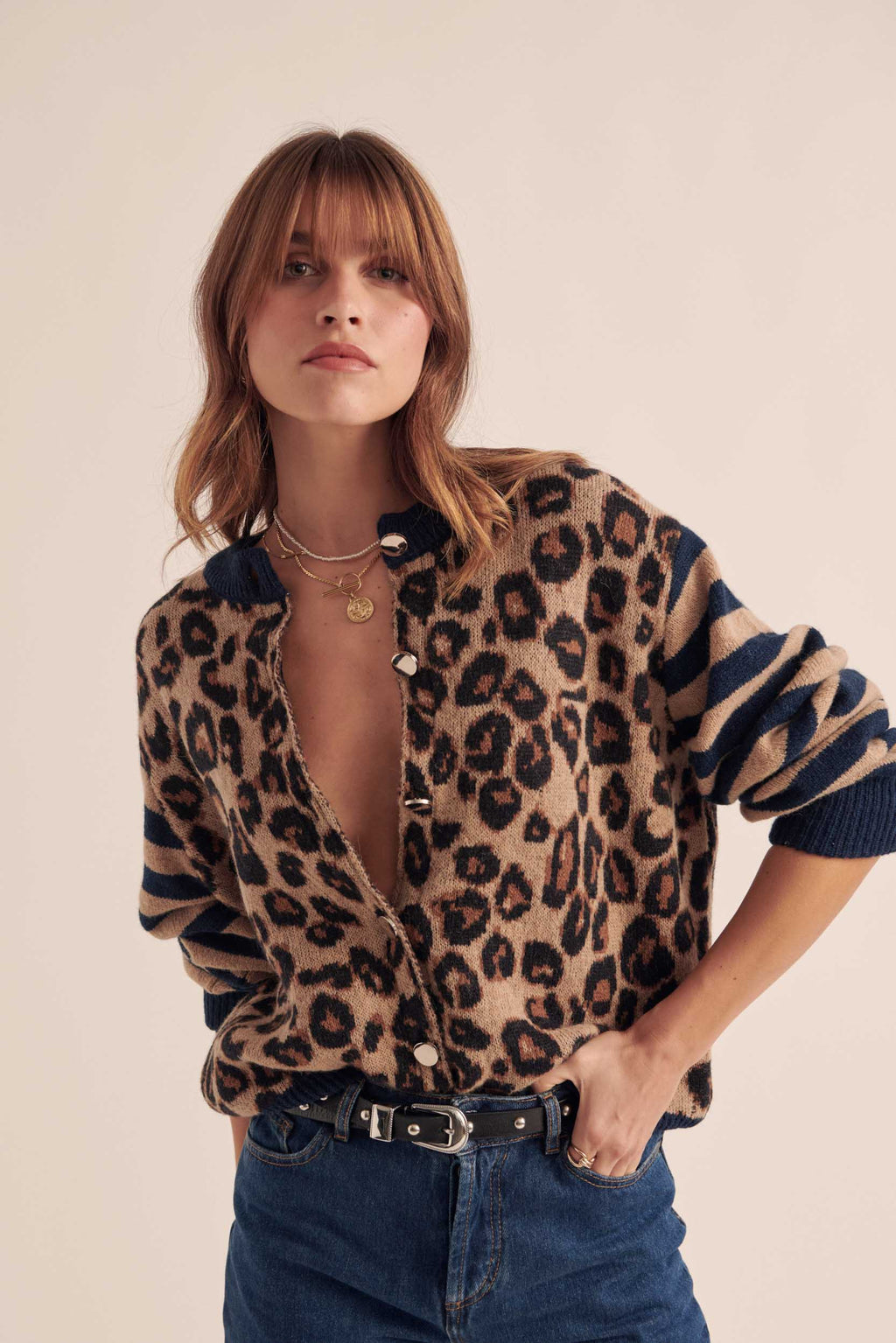 Cardigan Idole righe blu e leopardo