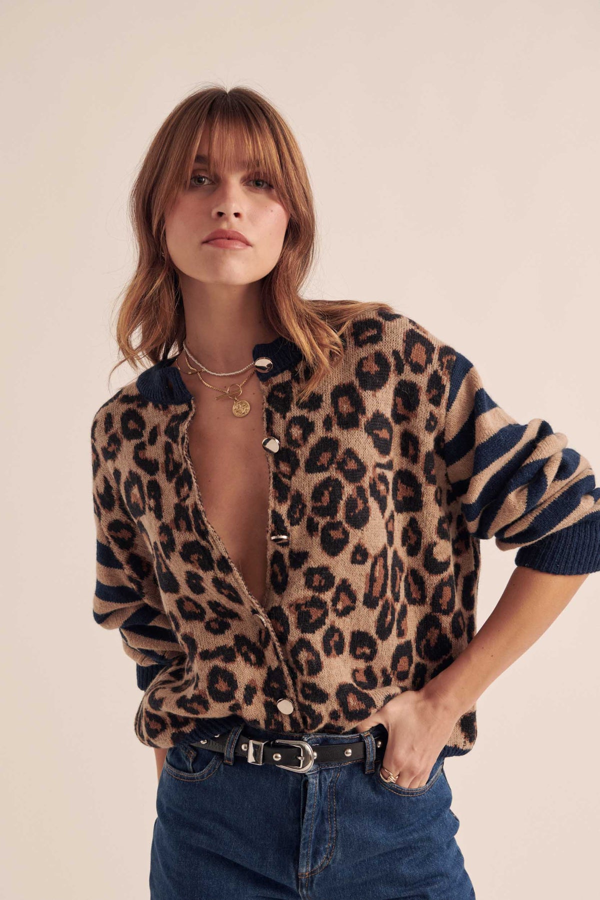 Cardigan Idole righe blu e leopardo