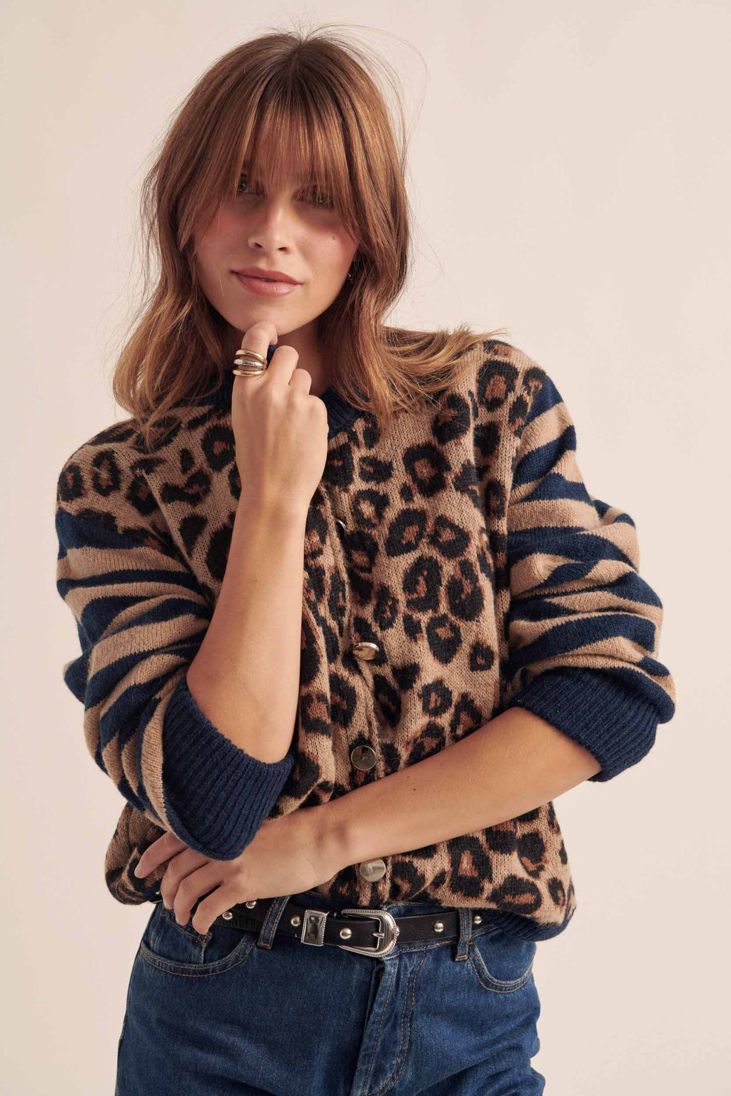 Cardigan Idole righe blu e leopardo