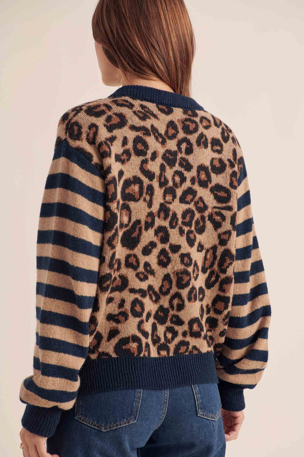 Cardigan Idole righe blu e leopardo
