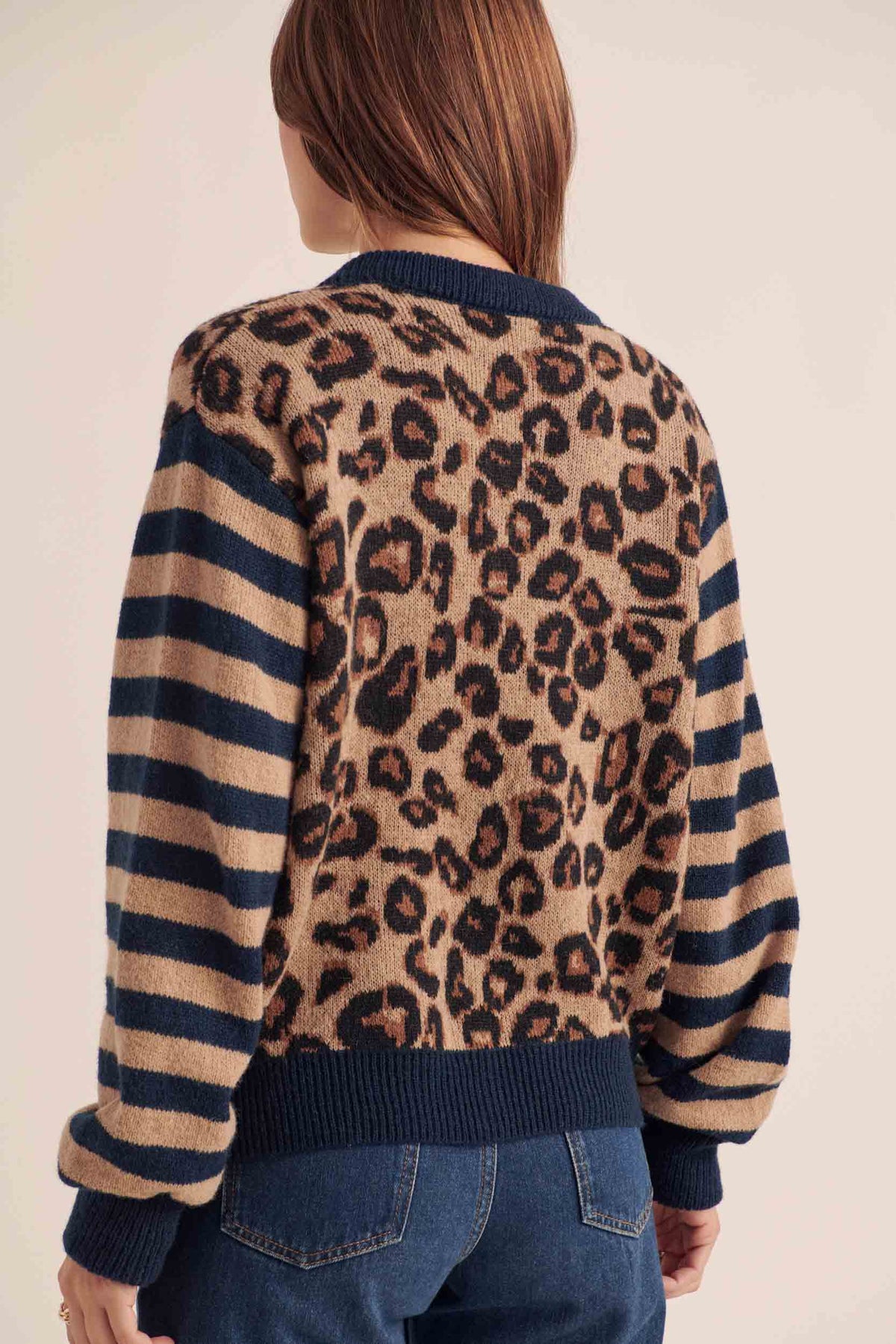 Cardigan Idole righe blu e leopardo