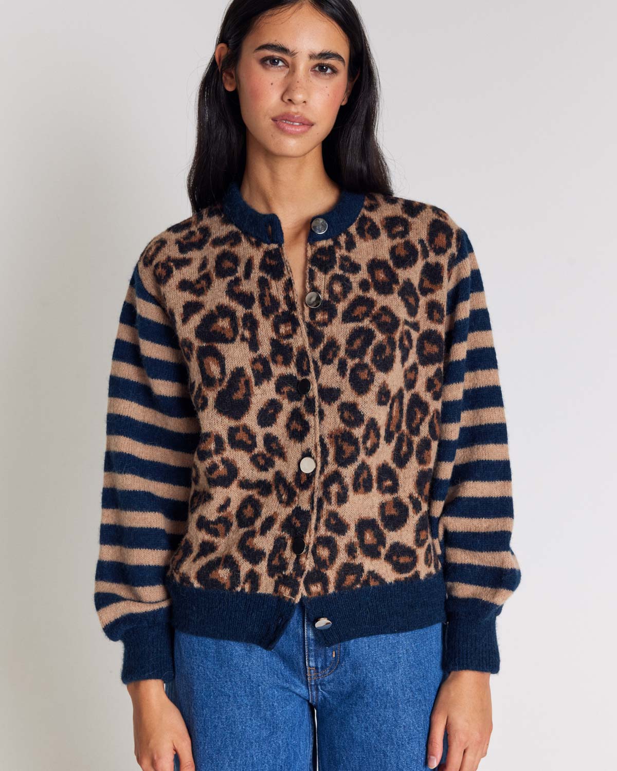 Cardigan Idole righe blu e leopardo