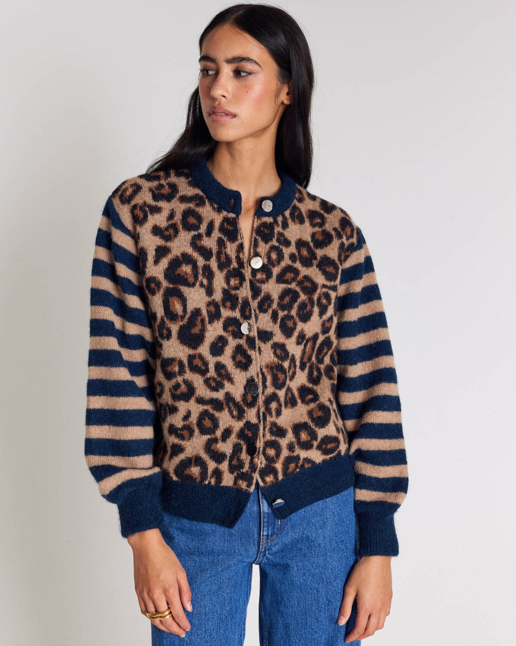 Cardigan Idole righe blu e leopardo