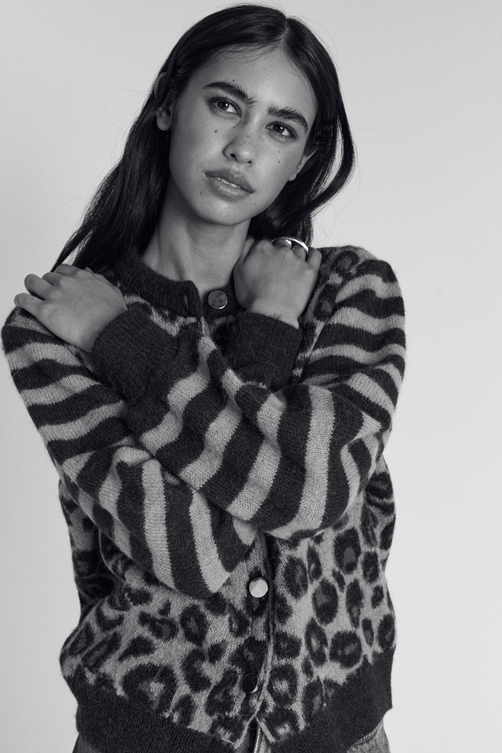 Cardigan Idole righe blu e leopardo