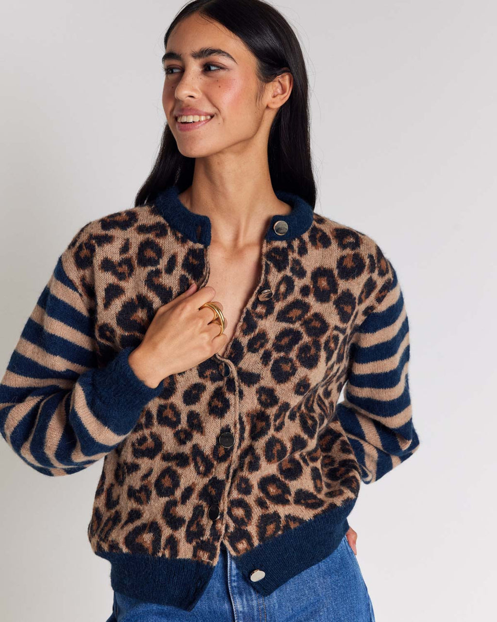 Cardigan Idole righe blu e leopardo