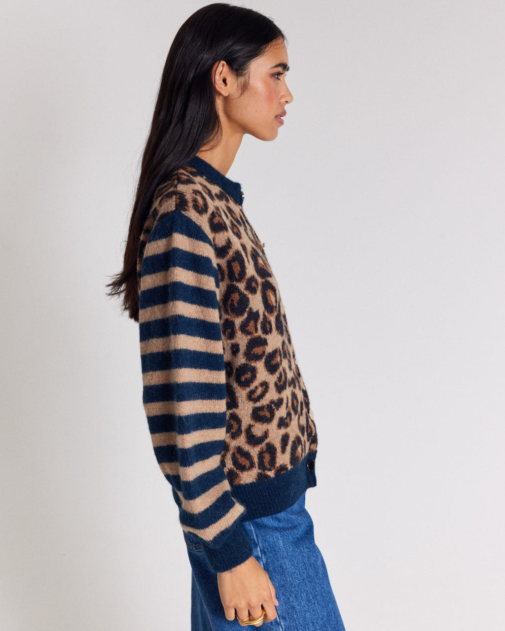 Cardigan Idole righe blu e leopardo