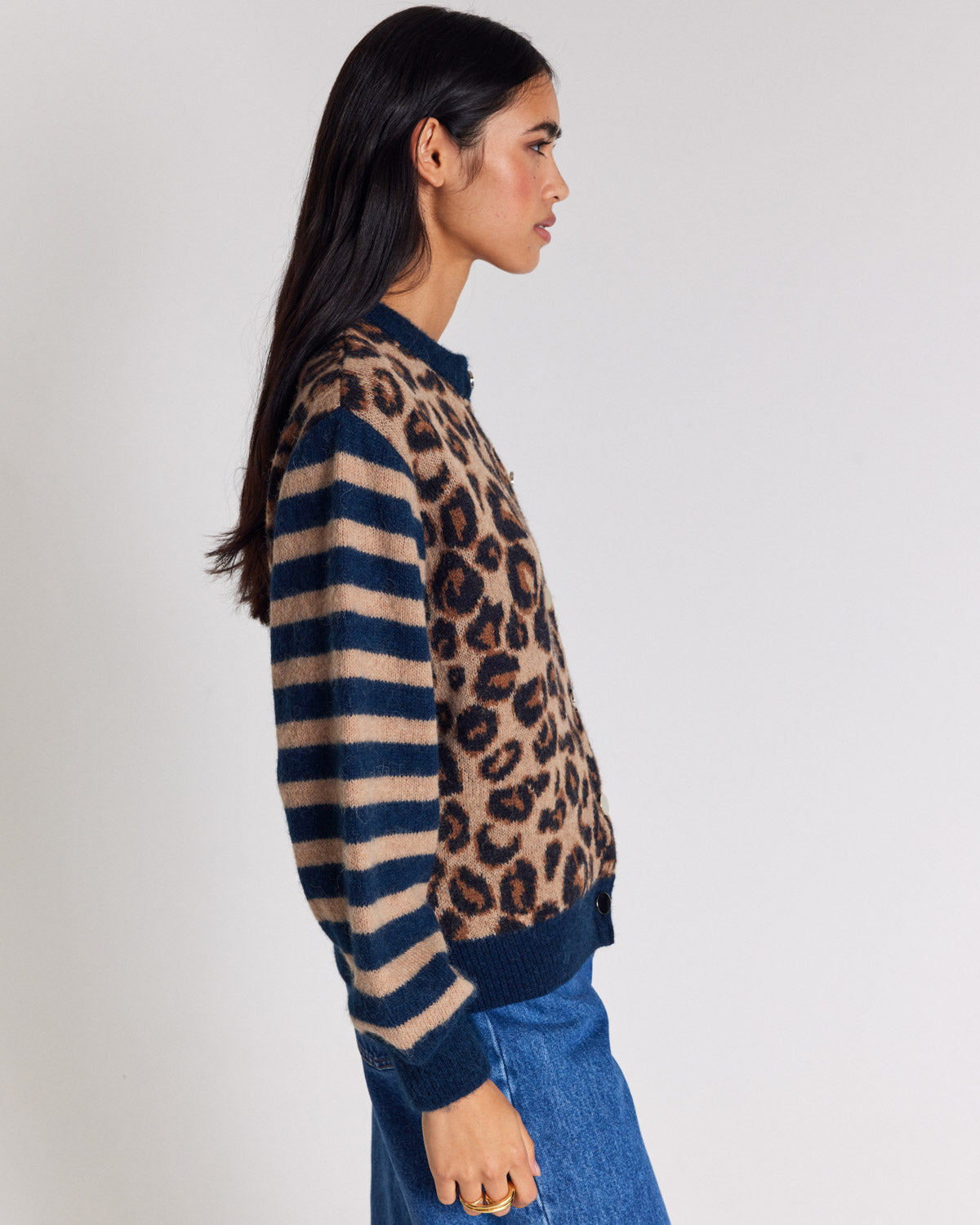 Cardigan Idole righe blu e leopardo