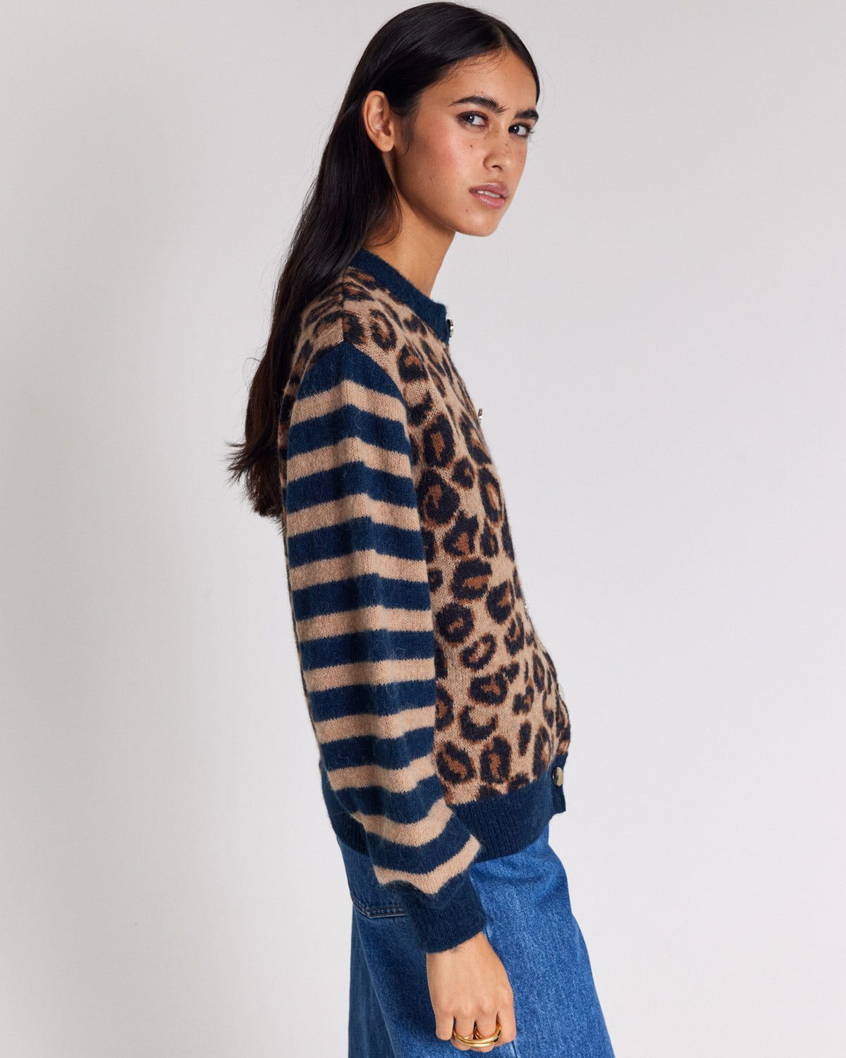 Cardigan Idole righe blu e leopardo