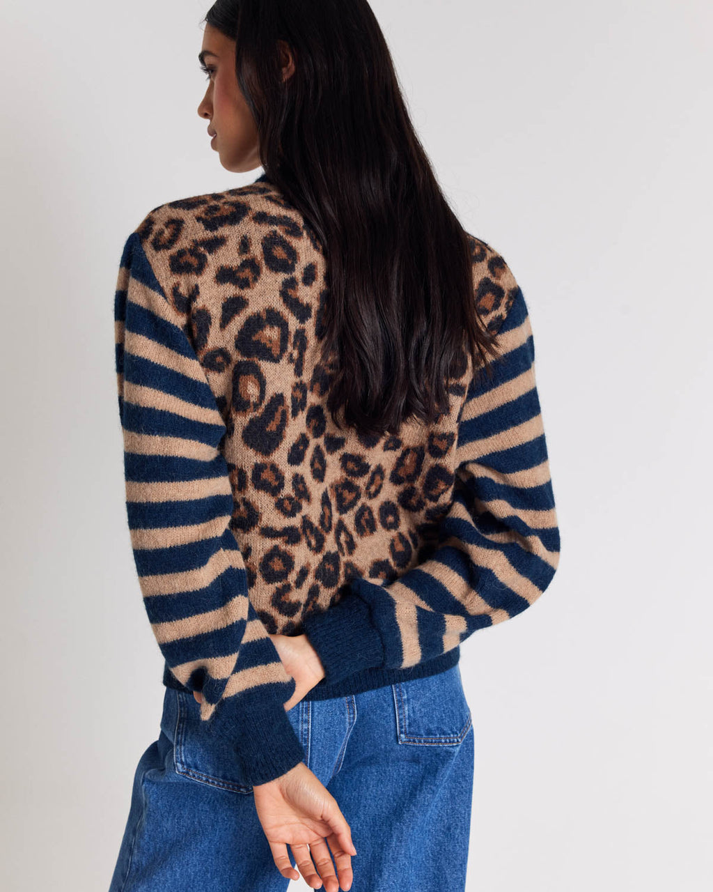 Cardigan Idole righe blu e leopardo