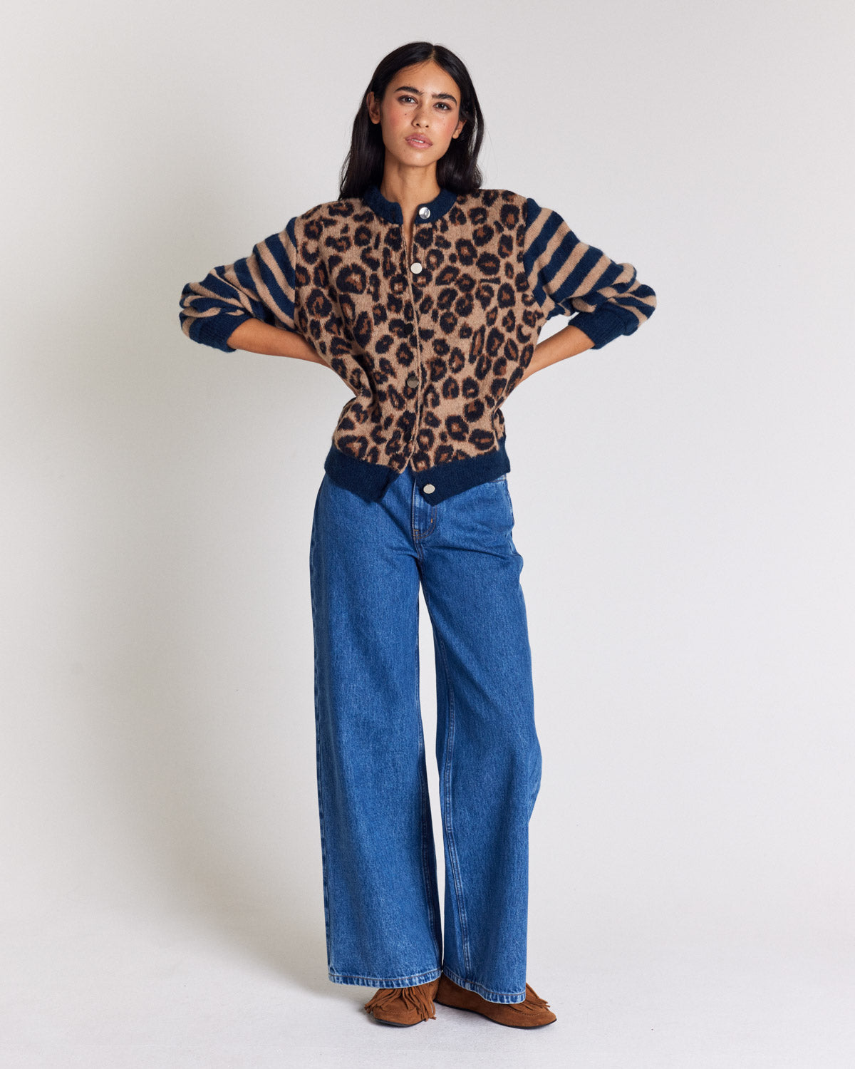 Cardigan Idole righe blu e leopardo