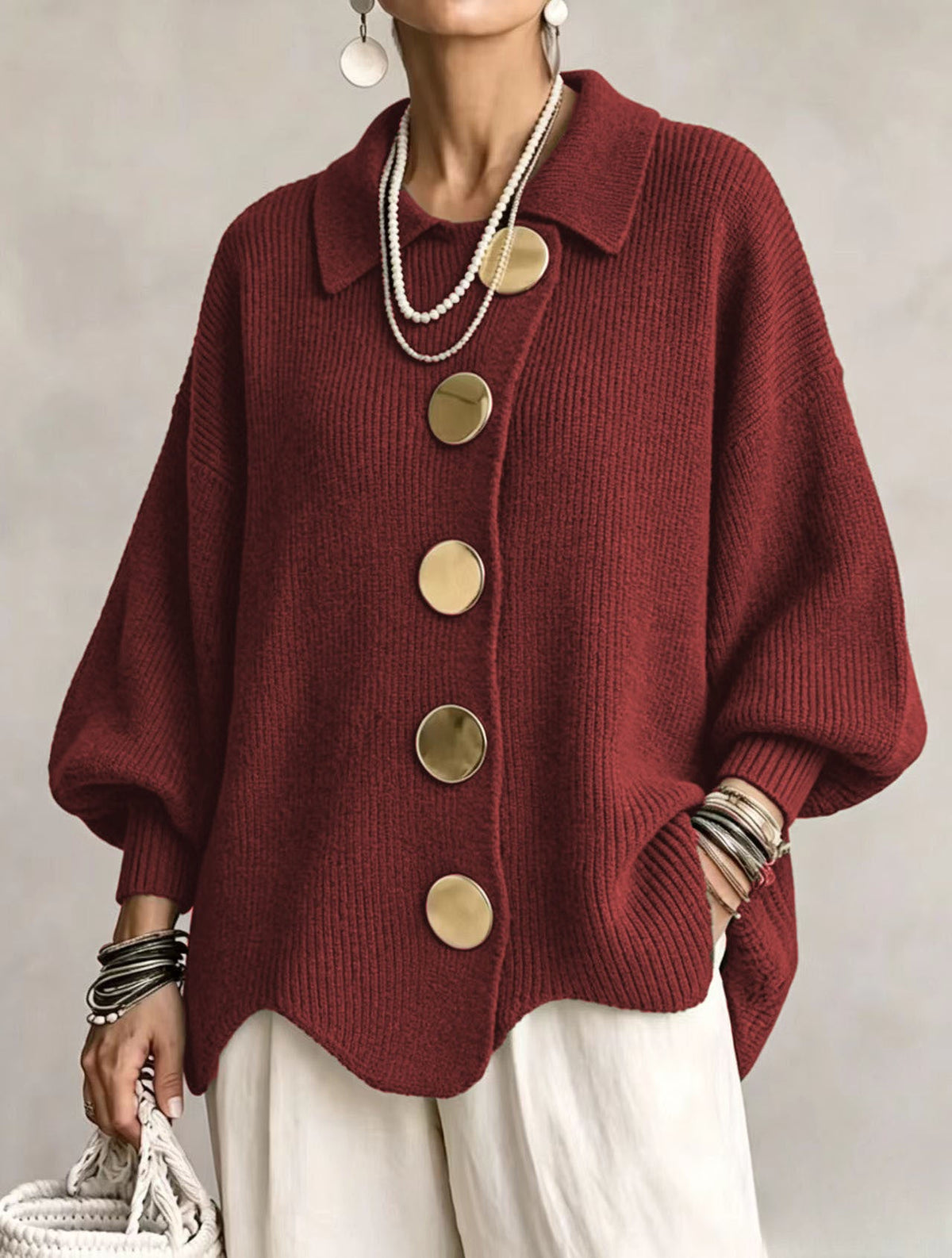 Isadora | Cardigan Oversize con Colletto e Grandi Bottoni Metallici
