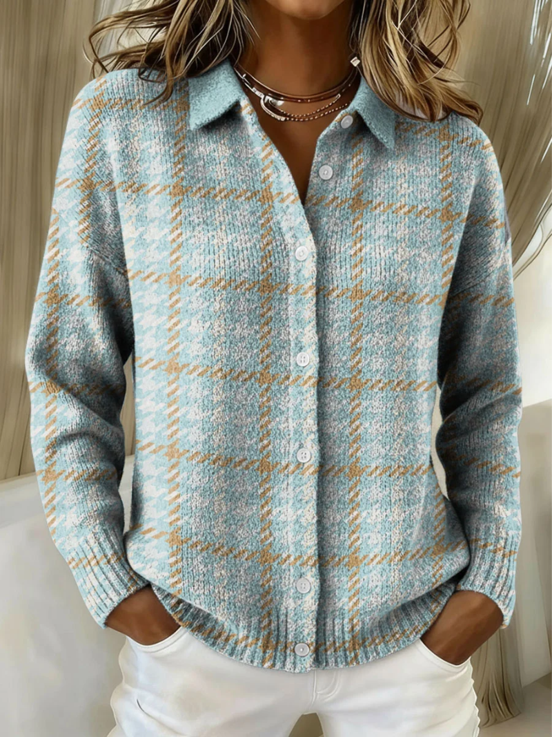 Clara | Cardigan in Maglia Scozzese Azzurro Cielo con Bottoni