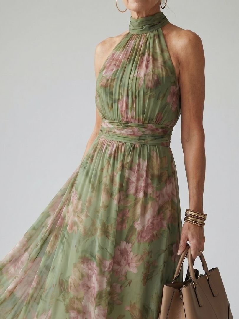 Vestito Midi Floreale con Collo Halter