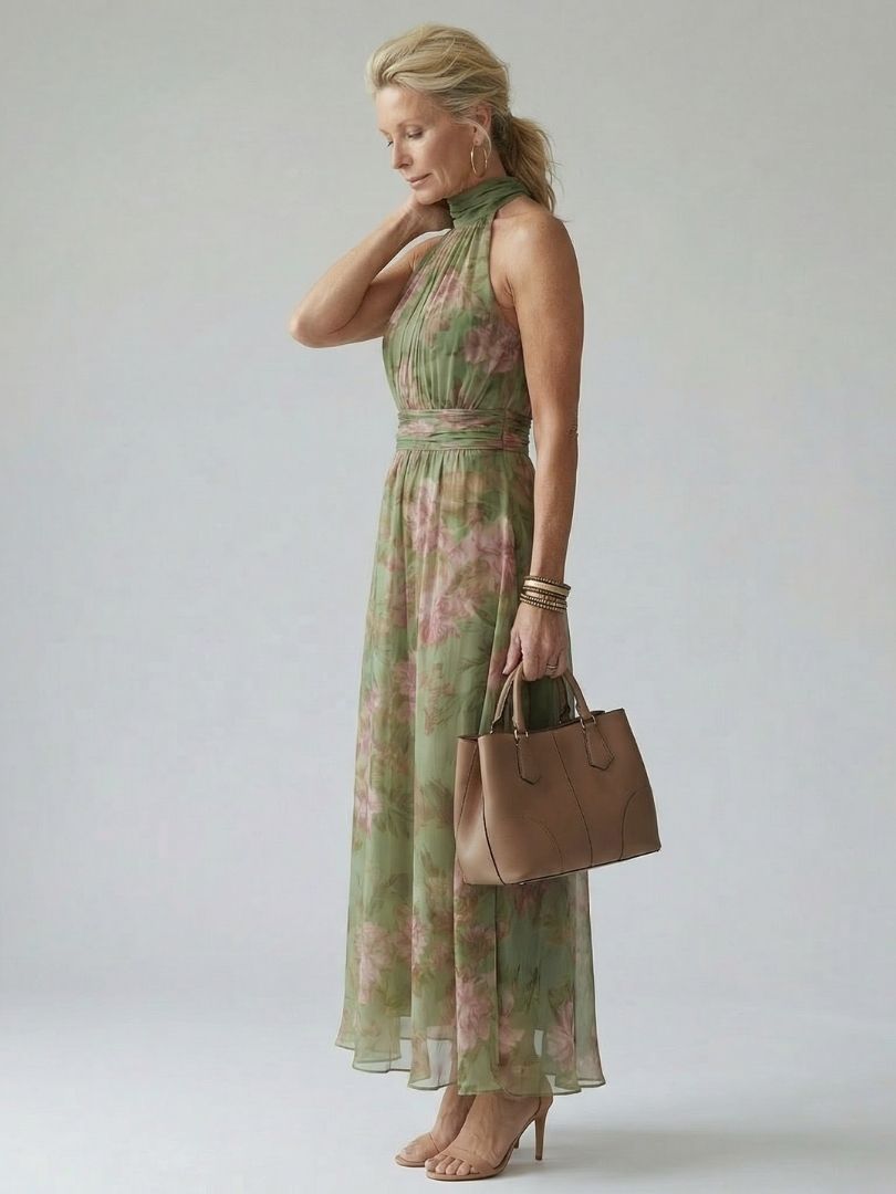 Vestito Midi Floreale con Collo Halter