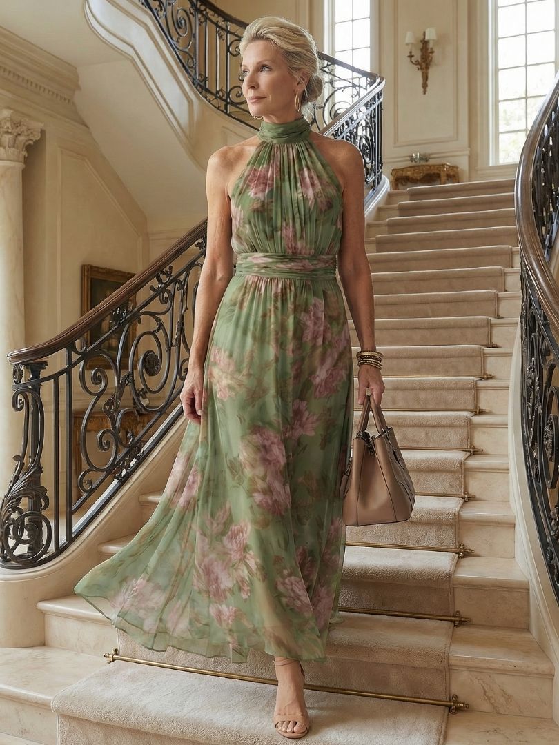 Vestito Midi Floreale con Collo Halter