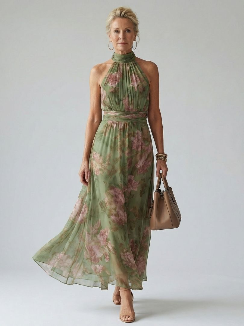 Vestito Midi Floreale con Collo Halter