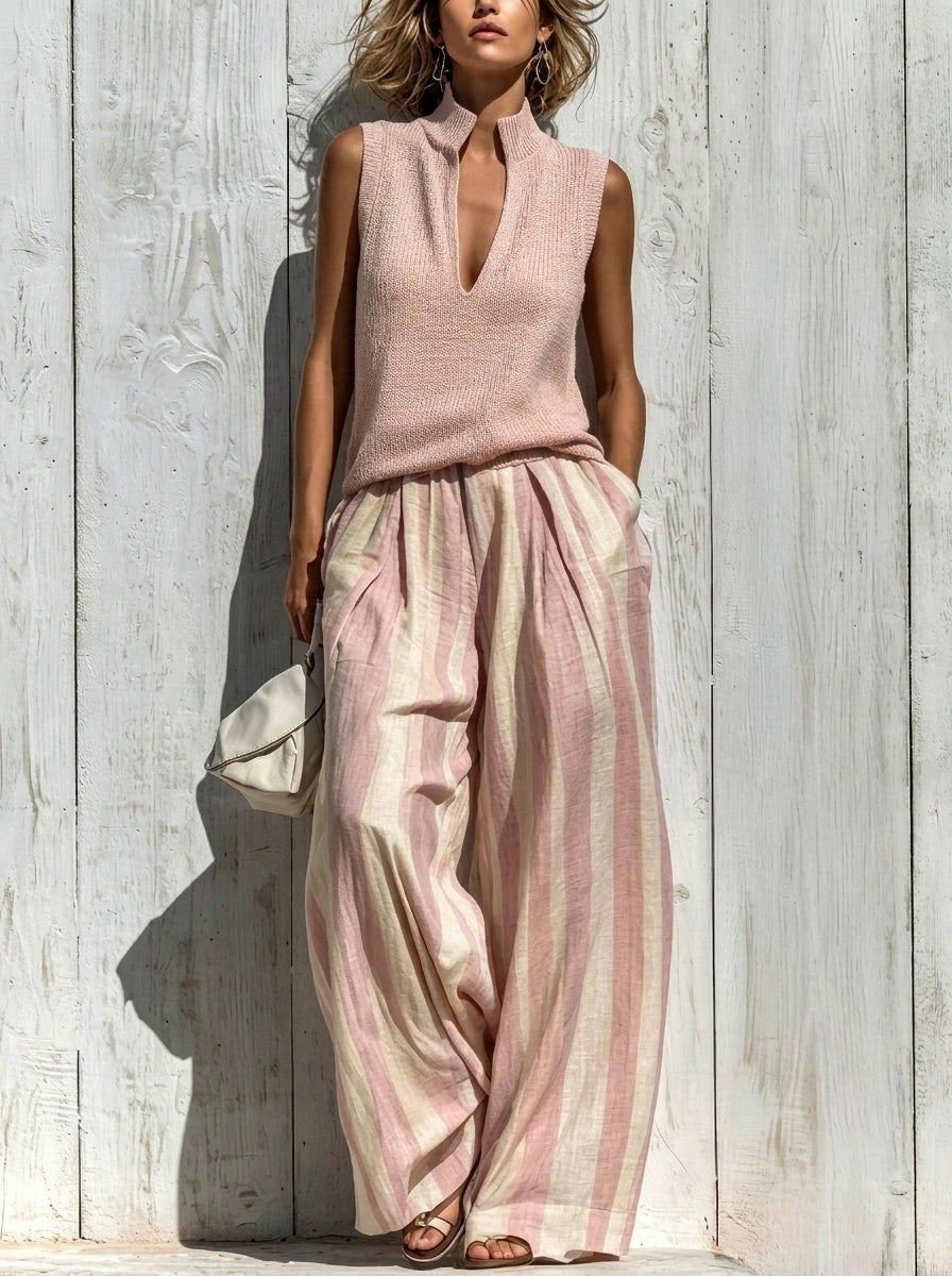 Completo Top Senza Maniche e Pantalone Largo a Righe