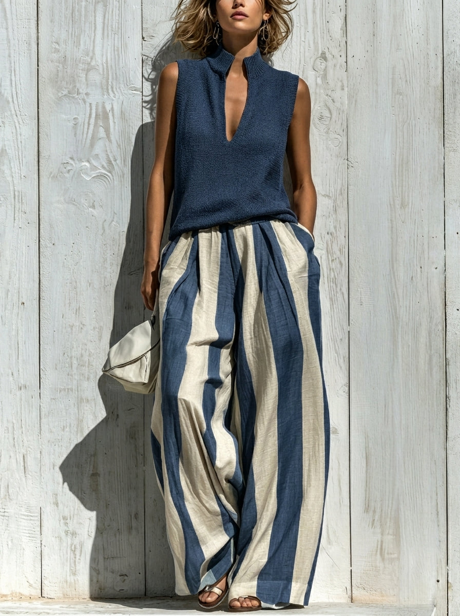 Completo Top Senza Maniche e Pantalone Largo a Righe