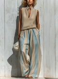 Completo Top Senza Maniche e Pantalone Largo a Righe