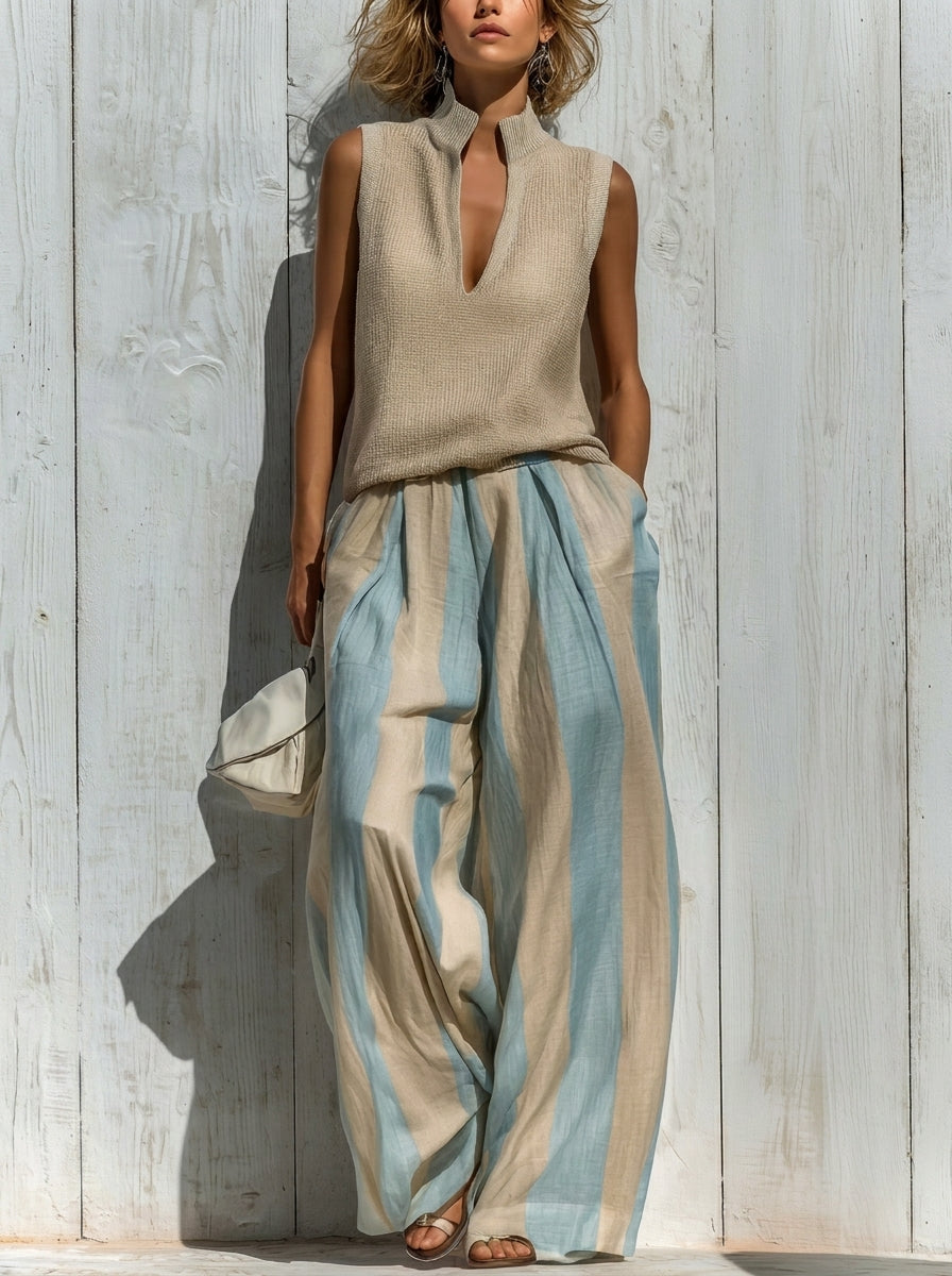 Completo Top Senza Maniche e Pantalone Largo a Righe