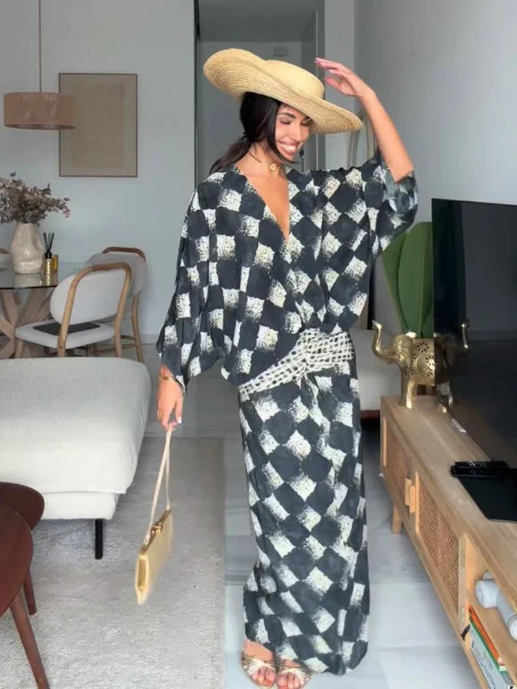 Vestito Maxi a Stampa Monocromatica