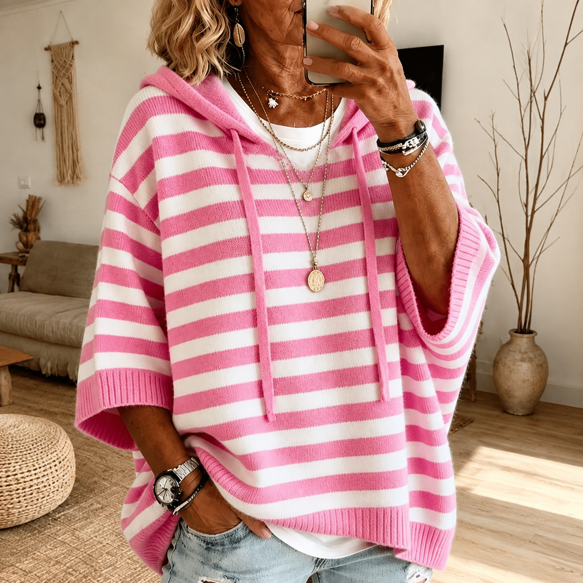 Emilie – Maglione poncho a righe rosa