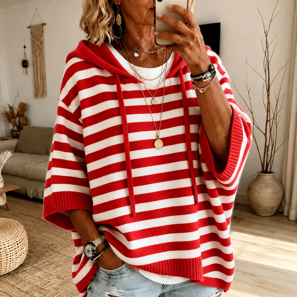 Charlotte – Maglione poncho a righe rosso