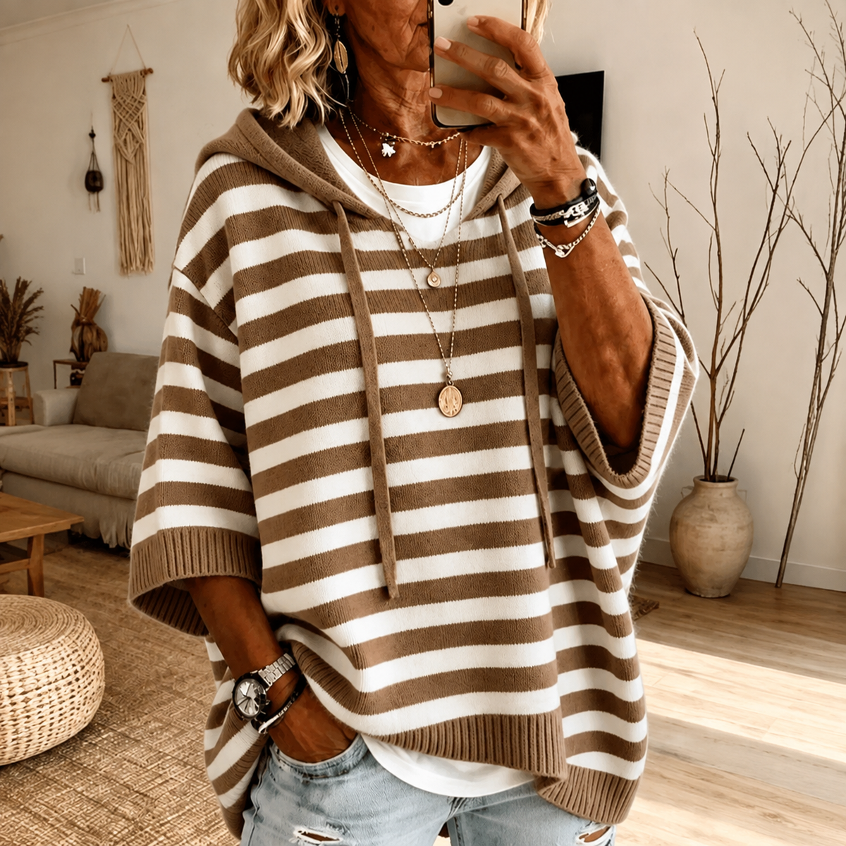 Mathilde – Maglione poncho a righe talpa