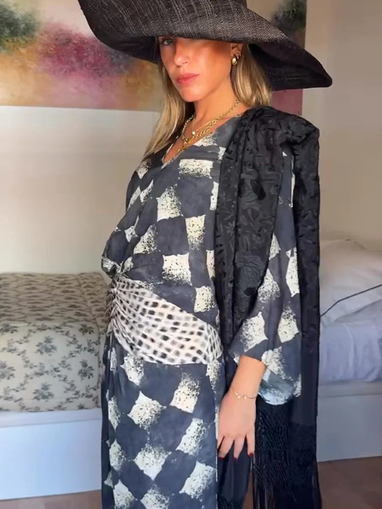 Vestito Maxi a Stampa Monocromatica