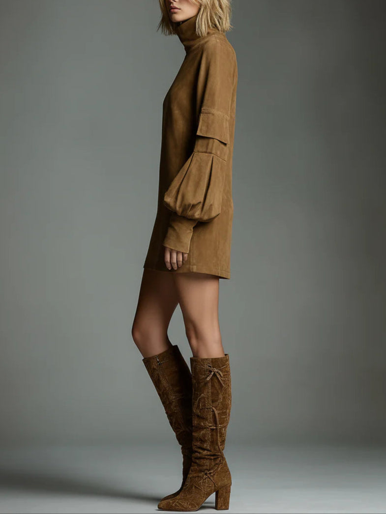 Romy | Mini Abito in Scamosciato Vintage con Collo Alto