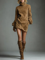 Romy | Mini Abito in Scamosciato Vintage con Collo Alto