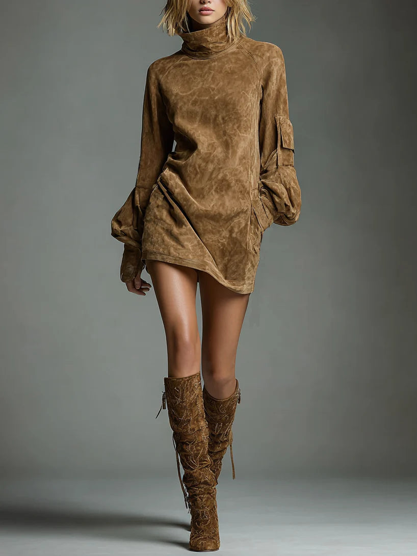 Romy | Mini Abito in Scamosciato Vintage con Collo Alto