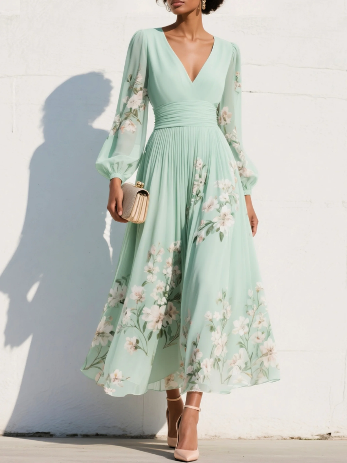 Vestito Midi con Maniche a Sbuffo
