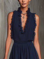 Séraphine | Tuta Plissettata a Righe in Raso Blu Navy