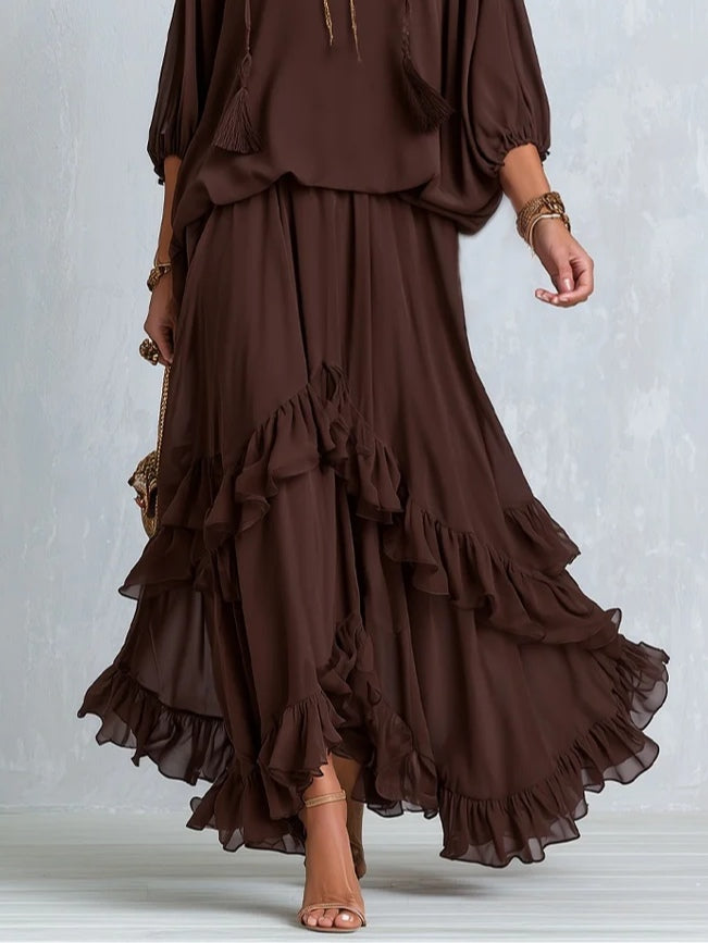 Ondine | Completo Top Chiffon Marrone con Frange e Gonna a Volant