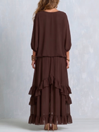 Ondine | Completo Top Chiffon Marrone con Frange e Gonna a Volant